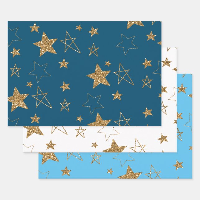 Blue Gold Glitzer Stars Geschenkpapier Set (Set)