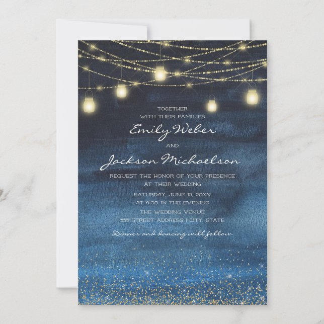 Blue Gold Glitzer String Light Lantern Wedding Einladung (Vorderseite)