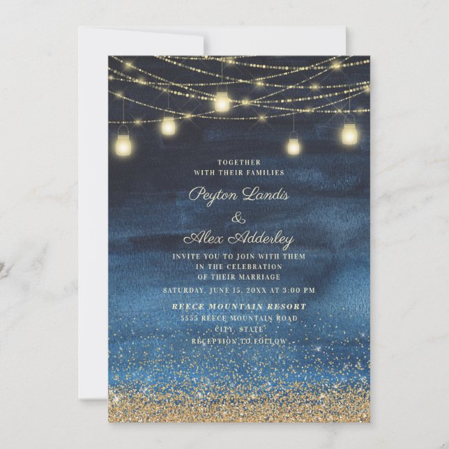 Blue Gold Glitzer String Light Wedding Einladung (Vorderseite)