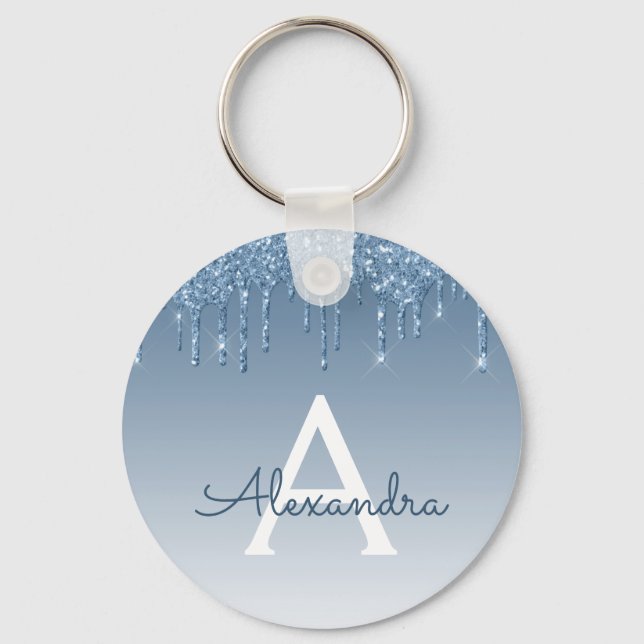 Blue Gold Glitzer Tropfen Sparkle Monogram Schlüsselanhänger (Vorderseite)