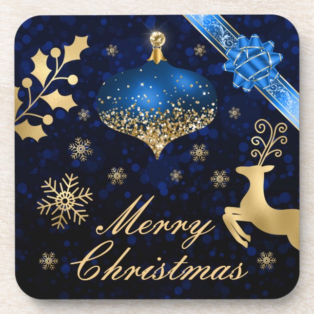 Blue & Gold Glitzer Weihnachtsbauble und Ribbon Getränkeuntersetzer (Vorderseite)