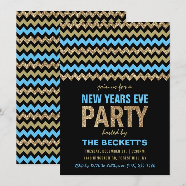 Blue & Gold Glitzer Zickzack New Years Party Einladung (Vorne/Hinten)