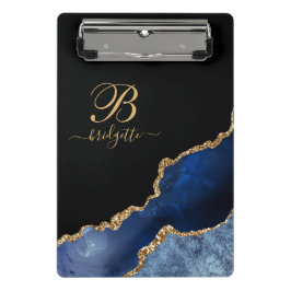 Blue Gold Glitzern Agate Geode Monogram Mini Klemmbrett