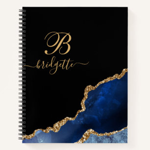Blue Gold Glitzern Agate Geode Monogram Notizbuch