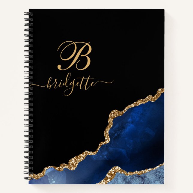 Blue Gold Glitzern Agate Geode Monogram Notizbuch (Vorderseite)