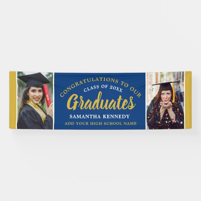 Blue Gold Glückwunschs Graduiert 2 Foto Abschluss Banner (Horizontal)