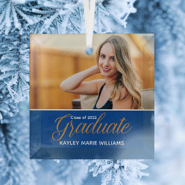 Blue Gold Graduate Foto Chic Abschluss Weihnachten Ornament Aus Glas