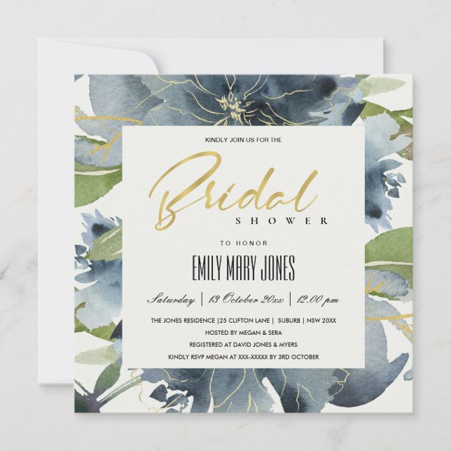 BLUE GOLD GREEN FLORAL WATERCOLOR BRAUTPARTY EINLADUNG (Vorderseite)