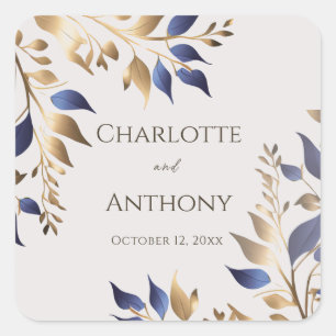 Blue Gold Greenery Moderne Hochzeit Quadratischer Aufkleber