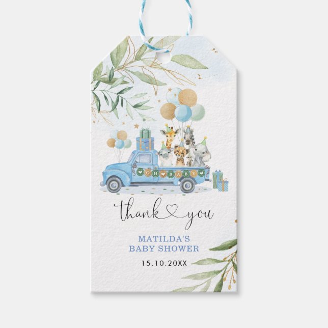 Blue Gold Greenery Safari Wild Animals Baby Shower Geschenkanhänger (Vorderseite)