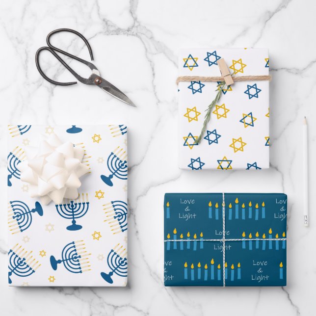 Blue & Gold Hanukkah Menorah Star von David Patter Geschenkpapier Set (Vorderseite)