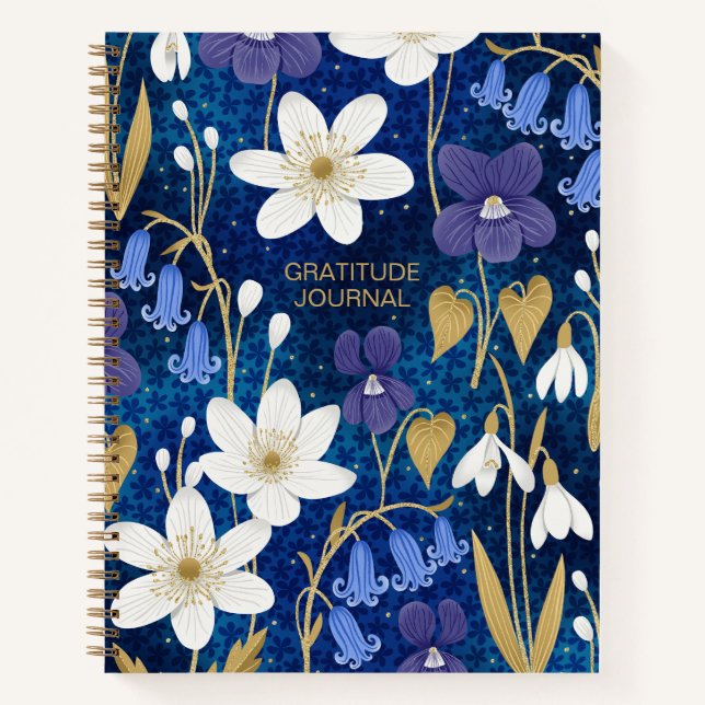 Blue & Gold Illustrierte Blumendankenszeitschrift Notizbuch (Vorderseite)