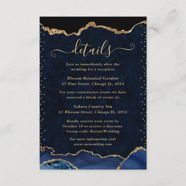 Blue & Gold Imitate Glitzer Agate Hochzeiten Detai Begleitkarte (Vorderseite)
