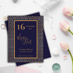 Blue Gold Intricate Design Wedding Save the Date Einladungspostkarte