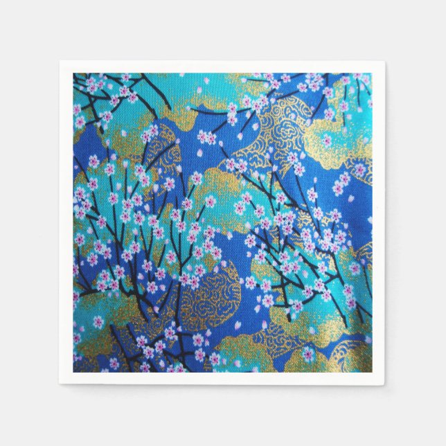 Blue Gold Japanisch Kimono Blumenpapier Serviette (Vorderseite)