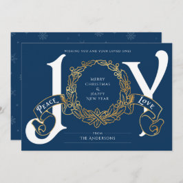 Blue Gold Joy Peace Liebe Custom Christmas Card