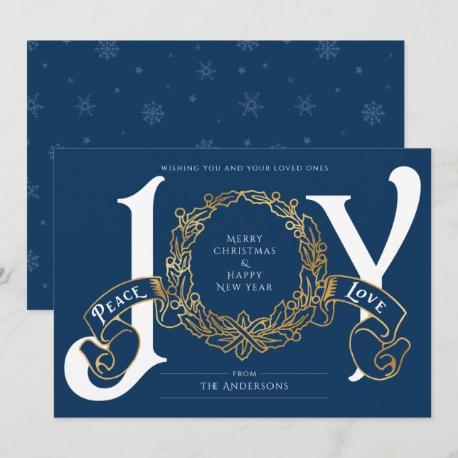 Blue Gold Joy Peace Love Carte de Noël personnalis (Devant / Derrière)