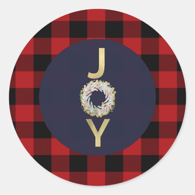 Blue Gold Joy Wreath Holiday Red Buffalo Kariert Runder Aufkleber (Vorderseite)