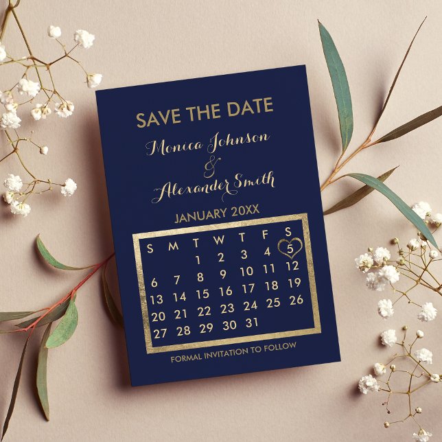Blue Gold Kalender der Luxury Marine Save the Date Ankündigungspostkarte (Luxury navy Blue Gold Calendar Save the Date )