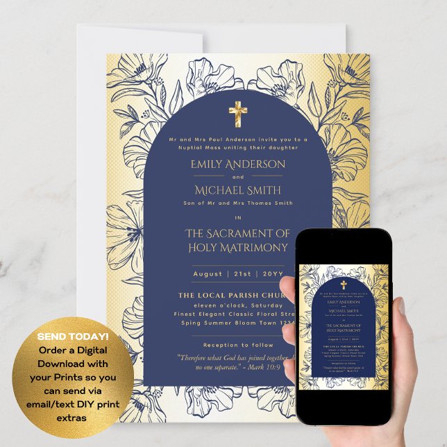 Blue Gold Katholic Nuptial Mass Wedding Einladung (Von Creator hochgeladen)