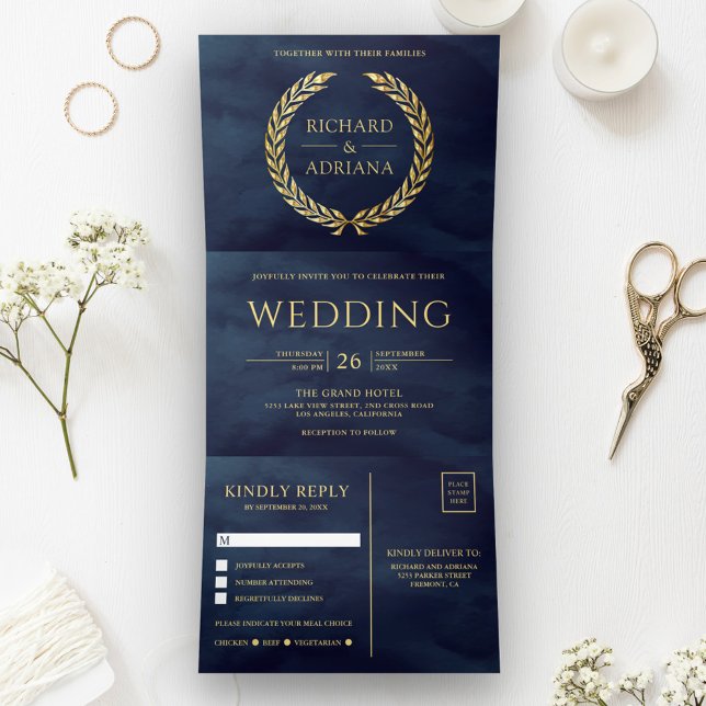 Blue Gold Laurel Minimal bei einer Hochzeit Dreifach Gefaltete Einladung (Von Creator hochgeladen)