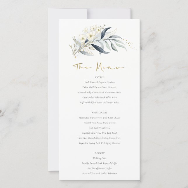 Blue Gold Leafy Botanical Floral Wedding Card Dankeskarte (Vorderseite)