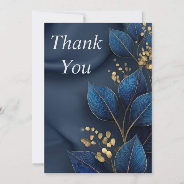 Blue & Gold Leaves on Navy Blue Thank You Card Einladung (Vorderseite)