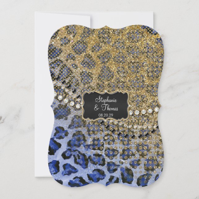 Blue Gold Leopard Animal Print Glitzer Hochzeit Einladung (Vorderseite)