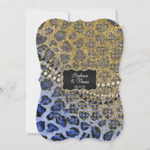 Blue Gold Leopard Animal Print Glitzer Hochzeit Einladung