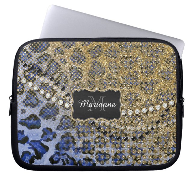 Blue Gold Leopard Animal Print Glitzer Look Jewel Laptopschutzhülle (Vorderseite)