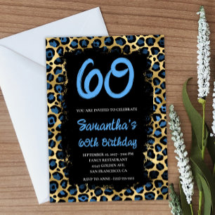 Blue Gold Leopard Painted Black 60. Geburtstag Einladung