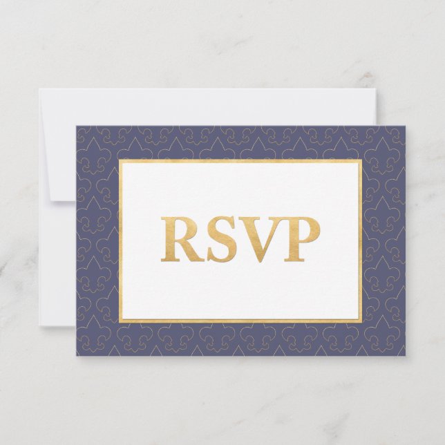 Blue & Gold Lilie Wedding RSVP Card (Vorderseite)