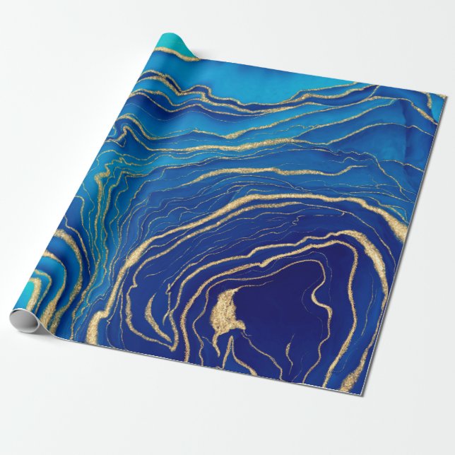 Blue Gold Liquid Painting Fluid Art Abstrakt Geschenkpapier (Ungerollt)