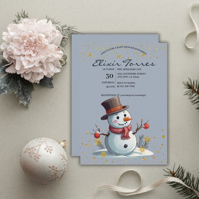 Blue & Gold Little Snowflakes Snowman Baby Dusche Einladung (Von Creator hochgeladen)