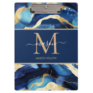 Blue Gold Mable Modern Monogram Script Name Clip Klemmbrett