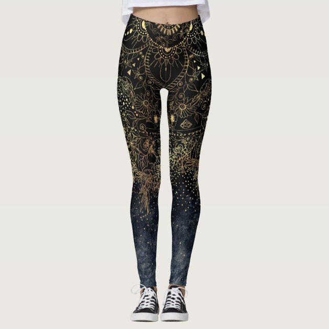 Blue Gold Mandala Floral Leggings (Vorderseite)
