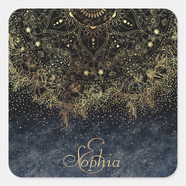 Blue Gold Mandala Floral Quadratischer Aufkleber (Vorderseite)