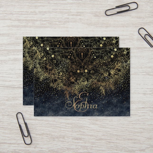Blue Gold Mandala Floral Visitenkarte (Vorderseite/Rückseite Beispiel)