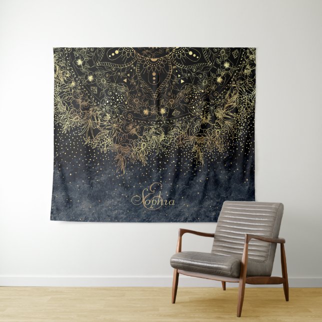 Blue Gold Mandala Floral Wandteppich (Beispiel (Horizontal))