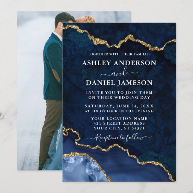 Blue Gold Marble Agate Geode Foto Wedding Einladung (Vorne/Hinten)
