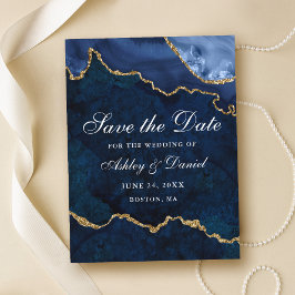 Blue Gold Marble Agate Geode Save the Date Ankündigungspostkarte
