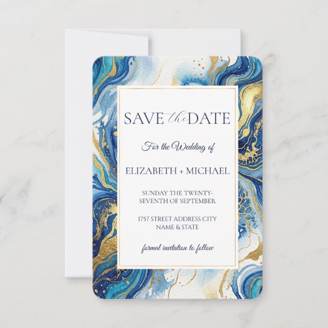 Blue Gold Marble  Elegant Wedding Save the Date (Vorderseite)