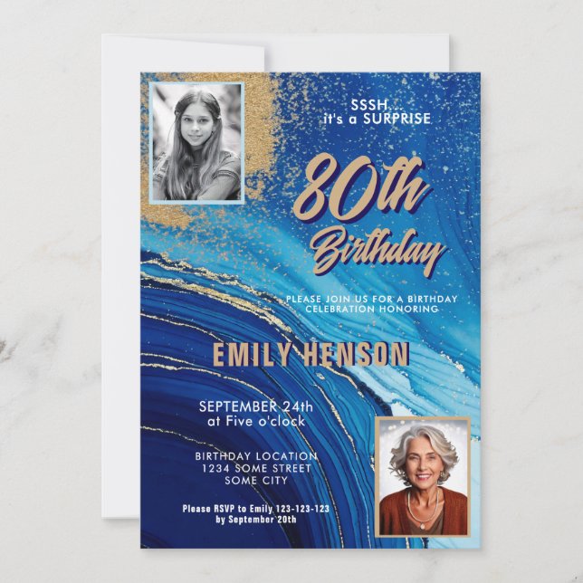 Blue Gold Marble Glitter 2 Photo 80th Birthday Einladung (Vorderseite)