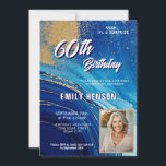 Blue Gold Marble Glitzer Foto 60. Geburtstag Einladung<br><div class="desc">Blue Gold Marmor Glitzer Foto 60. Geburtstag Einladung. Feiern Sie einen Meilenstein im Stil dieser glamourösen Geburtstagsfeier mit markanten Goldakzenten, elegantem blauen Marmorhintergrund und Platz für ein personalisiertes Foto. Ideal, um eine fabelhafte Frau im Alter von 60 Jahren zu ehren, lädt das Set zu einem unvergesslichen Fest ein. Passen Sie...</div>