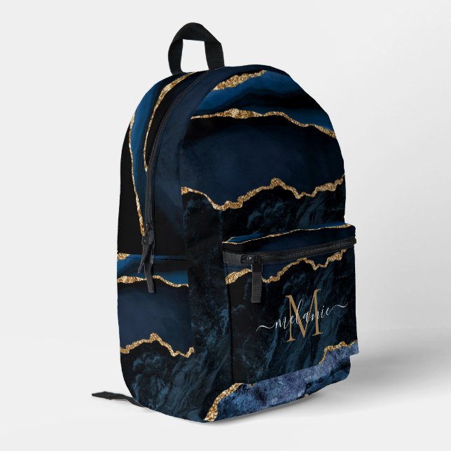 Blue Gold Marmor Monogramm Ihr Name Rucksack (Rückseitige Ecke links)