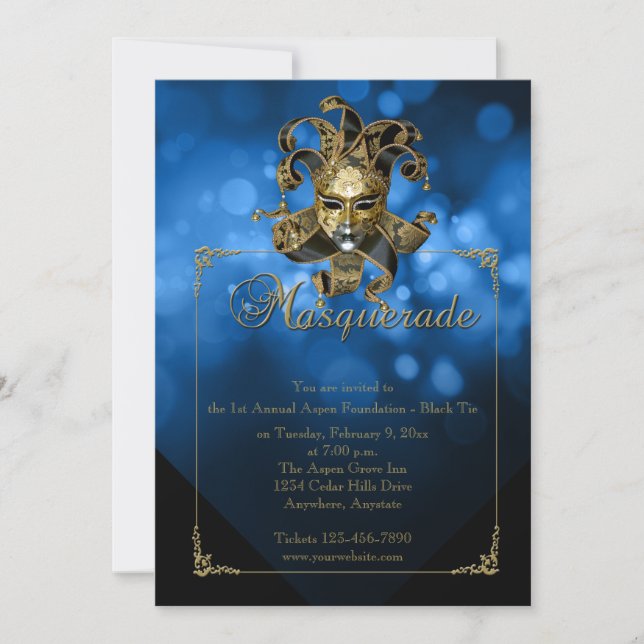 Blue Gold Masquerade Mardi Gras Ball Invitation (Devant)