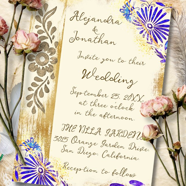 Blue & Gold Mexican Otomi Baroque Elegant Wedding Einladung (A luminous Baroque design blending cobalt blooms and rustic textures for a timeless invitation.)