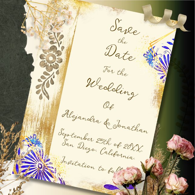 Blue & Gold Mexican Otomi Baroque Elegant Wedding Save The Date (Von Creator hochgeladen)