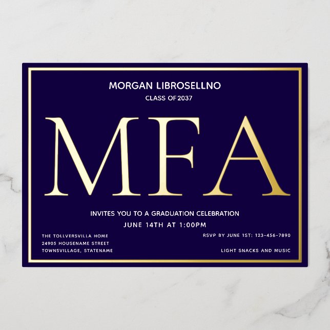 Blue Gold MFA-Abschluss Folieneinladung (Vorderseite)