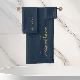 Blue Gold Minimalistisch Script Signature Monogram Badhandtuch Set
